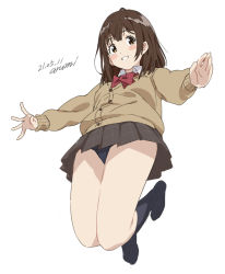 Rule 34 | 1girl, artist name, baba arumi, beige cardigan, black socks, blue panties, blue socks, blush, blush stickers, bow, bowtie, brown eyes, brown hair, brown skirt, cameltoe, cardigan, character request, commentary request, copyright request, dated, dated commentary, from below, full body, grin, hige wo soru. soshite joshikousei wo hirou., kneehighs, legs, long hair, long sleeves, looking at viewer, miniskirt, no shoes, ogiwara sayu, outstretched arms, outstretched hand, panties, pantyshot, pleated skirt, print skirt, red bow, red bowtie, school uniform, shirt, signature, simple background, skirt, smile, socks, solo, teeth, thighs, underwear, upskirt, white background, white shirt