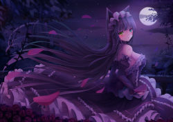 Rule 34 | 1girl, :o, animal ears, backless outfit, bare shoulders, black cat, black hair, blue eyes, blush, bow, breasts, castle, cat, cat ears, choker, clenched hand, detached sleeves, dress, flower, frilled choker, frilled dress, frilled sleeves, frills, full moon, hairband, heterochromia, highres, lolita hairband, long hair, long sleeves, medium breasts, moon, night, original, outdoors, petals, rose, solo, sonikey0 0, strapless, strapless dress, very long hair, yellow eyes