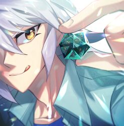 Rule 34 | 2boys, :q, bakura ryou, blue shirt, brown eyes, closed mouth, collared shirt, commentary request, dice, eb (ivy ygo), glint, grey hair, hair between eyes, highres, holding dice, icosahedron, korean commentary, long bangs, long hair, male focus, mini person, miniboy, multiple boys, shirt, simple background, smile, tongue, tongue out, upper body, white background, yami bakura, yu-gi-oh!, yu-gi-oh! duel monsters