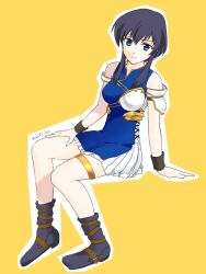 Rule 34 | 1girl, andt kn, armor, artist name, bare legs, belt, black hair, blue eyes, blue tunic, closed mouth, fire emblem, fire emblem: genealogy of the holy war, hand on own leg, larcei (fire emblem), nintendo, short hair, sidelocks, simple background, sitting, smile, solo, thigh ring, tunic