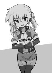 Rule 34 | 1girl, absurdres, character request, copyright request, crossed arms, fang, greyscale, highres, long riders!, monochrome, okayu (okayushop), saijou hinako, simple background, skin fang, solo, twintails