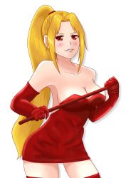 Rule 34 | 1girl, bare shoulders, blonde hair, breasts, cleavage, collarbone, commentary request, dress, elbow gloves, gloves, highres, holding, large breasts, long hair, looking at viewer, ponytail, red dress, red eyes, red gloves, short dress, shynesslady, simple background, smile, solo, star ocean, star ocean the second story, strapless, very long hair, whip, white background