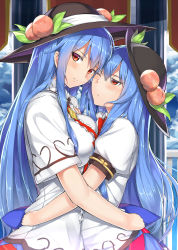 Rule 34 | 2girls, alternate breast size, asymmetrical docking, blush, breast envy, breast press, breasts, dual persona, food, fruit, hat, hinanawi tenshi, hug, large breasts, long hair, looking at viewer, multiple girls, neropaso, one eye closed, peach, red eyes, touhou, upper body, very long hair