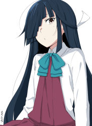 Rule 34 | 1girl, black hair, bow, bowtie, brown eyes, commentary request, cowboy shot, hair over one eye, hair ribbon, halterneck, hayashimo (kancolle), kantai collection, long hair, looking at viewer, moti coi, one-hour drawing challenge, ribbon, school uniform, shirt, simple background, solo, very long hair, white background, white ribbon, white shirt