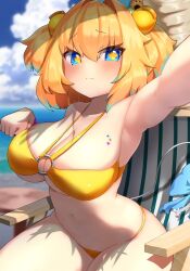 Rule 34 | 1girl, bad id, bad twitter id, bikini, blonde hair, blue eyes, blush, bombergirl, breasts, chair, cleavage, closed mouth, cloud, colored tips, grenade hair ornament, heart, heart tattoo, highres, horizon, large breasts, looking at viewer, multicolored hair, o-ring, o-ring bikini, ocean, outdoors, pine (bombergirl), short hair, sitting, solo, streaked hair, swimsuit, tattoo, two-tone hair, two side up, wanyuudou (fwen5284), yellow bikini, yellow pupils
