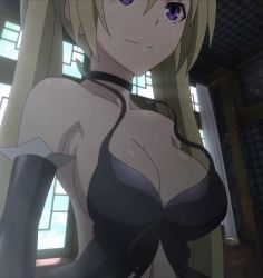 Rule 34 | 1girl, blonde hair, breasts, cleavage, dress, highres, large breasts, lieselotte sherlock, long hair, midriff, no bra, purple eyes, sideboob, smile, solo, stitched, third-party edit, trinity seven, twintails, wardrobe malfunction