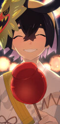 Rule 34 | 1boy, black hair, blurry, blurry background, blush, candy apple, closed eyes, colored inner hair, commentary request, creatures (company), crossed bangs, facing viewer, food, game freak, grin, hair between eyes, hairband, highres, kieran (pokemon), male focus, mask, mask on head, mokkaseiya, multicolored hair, night, nintendo, outdoors, pokemon, pokemon sv, shirt, short hair, smile, solo, teeth, upper body, white shirt, yellow hairband
