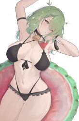 Rule 34 | 1girl, absurdres, antlers, arm strap, arm up, armpits, bell, bikini, black bikini, black choker, breasts, breasts apart, ceres fauna, choker, chyraliss, cowbell, food, fruit, gluteal fold, green hair, highres, holding, holding food, holding fruit, hololive, hololive english, horns, innertube, large breasts, long hair, mole, mole under eye, navel, neck bell, open mouth, solo, stomach, swim ring, swimsuit, thigh gap, thighs, virtual youtuber, watermelon, watermelon slice, yellow eyes