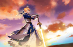 Rule 34 | 1girl, absurdres, ahoge, armor, armored dress, artoria pendragon (all), artoria pendragon (fate), bad id, bad pixiv id, blonde hair, braid, closed mouth, cloud, cloudy sky, excalibur (fate/stay night), fate/stay night, fate (series), faulds, from side, gauntlets, gorget, green eyes, hair bun, hair ribbon, hands on hilt, highres, juliet sleeves, long sleeves, outdoors, puffy sleeves, revision, ribbon, saber (fate), single hair bun, sky, solo, standing, sunset, sword, weapon, zhano kun