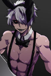 Rule 34 | 1boy, animal ears, artist request, black sclera, rabbit ears, colored sclera, juuni taisen, looking at viewer, male focus, muscular, red eyes, simple background, solo, upper body, usagi (juuni taisen), white hair