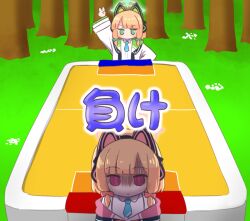 Rule 34 | 2girls, air hockey, animal ear headphones, animal ears, arm up, blonde hair, blue archive, blue bow, blue necktie, bow, closed mouth, collared shirt, day, dress shirt, fake animal ears, grass, green eyes, hair bow, halo, headphones, highres, jacket, long sleeves, midori (blue archive), momoi (blue archive), multiple girls, naga u, necktie, open clothes, open jacket, outdoors, pink eyes, red bow, shaded face, shirt, short necktie, siblings, sidelocks, sisters, translation request, tree, twins, v, v-shaped eyebrows, white jacket, white shirt, wide sleeves