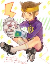 Rule 34 | 1boy, :d, bad drawr id, bad id, ball, brown eyes, brown hair, character request, child, copyright request, gloves, headband, indian style, kima, lightning bolt symbol, looking at viewer, male focus, oekaki, open mouth, shoes, short hair, sitting, smile, sneakers, soccer ball, soccer uniform, socks, solo, sportswear, telstar, translation request, yellow headband, zipper, zipper pull tab