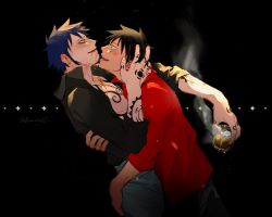 Rule 34 | 2boys, alcohol, black background, black hair, blue hair, blush, cup, dark blue hair, demorzel, drunk, highres, holding, holding cup, hug, imminent kiss, male focus, monkey d. luffy, multiple boys, one piece, open clothes, open shirt, sleeves rolled up, smile, smoke, tattoo, trafalgar law, yaoi
