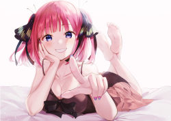 Rule 34 | 1girl, absurdres, barefoot, bed, bed sheet, blue eyes, blush, breasts, cleavage, collarbone, crossed legs, dress, artistic error, feet, female focus, go-toubun no hanayome, gown, hair ornament, hair ribbon, hand on own face, highres, legs, long hair, looking at viewer, lying, nail, nail polish, nakano nino, on stomach, open mouth, pointing, pointing at viewer, red hair, ribbon, simple background, smile, soles, solo, teeth, toes, white background, wrong foot