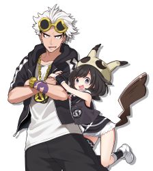 Rule 34 | 1boy, 1girl, :d, absurdres, arm tattoo, baggy pants, black hair, blush, chain, chain necklace, cosplay, creatures (company), crossed arms, eyebrows, eyewear on head, game freak, gen 7 pokemon, gold chain, grey eyes, guzma (pokemon), highres, holding own arm, jewelry, looking at viewer, mimikyu, mimikyu (cosplay), necklace, nintendo, open mouth, orqz, pants, pokemon, pokemon sm, selene (pokemon), shirt, short hair, short shorts, short sleeves, shorts, simple background, sleeveless, sleeveless shirt, smile, sunglasses, tattoo, team skull, team skull (cosplay), track pants, watch, white background, white hair, white shirt