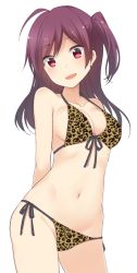 Rule 34 | 1girl, :d, ahoge, animal print, arms behind back, bare arms, bare shoulders, bikini, breasts, cleavage, collarbone, contrapposto, cowboy shot, front-tie bikini top, front-tie top, groin, hagikaze (kancolle), kantai collection, leopard print, long hair, looking at viewer, medium breasts, nagami yuu, navel, one side up, open mouth, purple hair, side-tie bikini bottom, smile, solo, standing, stomach, swimsuit, transparent background