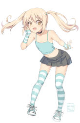 Rule 34 | 10s, 1girl, 2018, arm warmers, bent over, blonde hair, blue footwear, blue shirt, blue thighhighs, blush, bracelet, brown eyes, choker, collarbone, dated, fang, flat chest, grey skirt, highres, jewelry, long hair, looking at viewer, midriff, navel, open mouth, original, shirt, shoes, skirt, smile, sneakers, solo, standing, striped clothes, striped thighhighs, tank top, thighhighs, twintails, white background, white thighhighs, zeshgolden