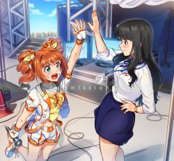 Rule 34 | 2girls, aqua eyes, arm up, black hair, black skirt, blue eyes, blush, breasts, brown hair, closed mouth, commission, crop top, drill hair, fingerless gloves, gloves, holding, holding microphone, idolmaster, idolmaster (classic), idolmaster million live!, kamille (vcx68), lanyard, long hair, long sleeves, looking at another, medium breasts, microphone, mogami shizuka, multiple girls, nail polish, navel, open mouth, orange nails, shoes, short hair, short sleeves, skirt, sleeves rolled up, smile, sneakers, sweat, takatsuki yayoi, twin drills, watermark, white gloves