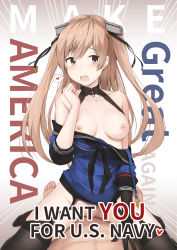 Rule 34 | 1boy, 1girl, abs, black gloves, blush, breasts, brown eyes, brown hair, cowgirl position, driftkingtw, english text, garter straps, girl on top, gloves, hair ornament, heart, hetero, highres, i want you, johnston (kancolle), kantai collection, looking at viewer, make america great again, medium breasts, nipples, no bra, no panties, off shoulder, open mouth, pov, pussy juice, sex, single glove, solo focus, spoken heart, straddling, thighhighs, two side up, vaginal