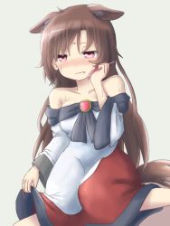 Rule 34 | 1girl, animal ears, bare shoulders, blush, breasts, brown hair, clothes lift, collarbone, commentary request, dadamori, dress, dress lift, extra ears, fingernails, hot, imaizumi kagerou, long fingernails, long hair, long sleeves, medium breasts, nose blush, off shoulder, red eyes, solo, sweat, tail, touhou, wolf ears, wolf tail