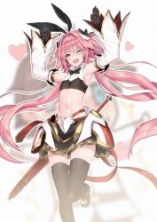 Rule 34 | 2boys, armor, armpits, astolfo (fate), astolfo (saber) (fate), bare shoulders, blush, bow, bowtie, commentary request, detached sleeves, fang, fate/grand order, fate (series), feet out of frame, fujimaru ritsuka (male), gloves, hair bow, heart, streaked hair, long hair, looking at viewer, male focus, midriff, multicolored hair, multiple boys, navel, nidy, one eye closed, open mouth, pink eyes, pink hair, sheath, sheathed, skirt, sword, thighhighs, trap, two-tone hair, very long hair, weapon, white hair, zettai ryouiki