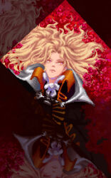 Rule 34 | 1boy, allan dias, alucard (castlevania), ascot, blonde hair, castlevania: symphony of the night, castlevania (netflix), castlevania (series), castlevania iii: dracula&#039;s curse, coat, flower, frown, high collar, highres, long hair, looking up, lying, male focus, on back, orange eyes, pixel art, purple eyes, reflection, rose, solo, two-tone eyes, wavy hair, white ascot