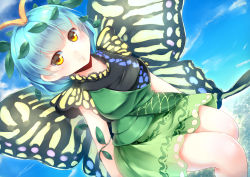 Rule 34 | 1girl, absurdres, antennae, aqua hair, bare legs, butterfly wings, closed mouth, day, dress, eternity larva, fairy, green dress, hair between eyes, highres, insect wings, kanzakietc, leaf, leaf on head, looking at viewer, multicolored clothes, multicolored dress, short hair, single strap, solo, touhou, wings, yellow eyes
