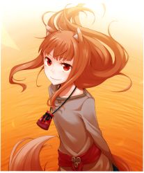 Rule 34 | 1girl, absurdres, animal ears, arms behind back, ayakura juu, brown hair, highres, holo, jewelry, long hair, necklace, pouch, red eyes, sash, scan, smile, solo, spice and wolf, wolf ears