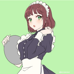 Rule 34 | 1girl, :o, artist name, black dress, brown hair, character request, copyright request, dress, green background, green eyes, hand up, highres, holding, holding tray, long sleeves, maid, maid headdress, medium hair, mizu no, puffy long sleeves, puffy sleeves, solo, tray