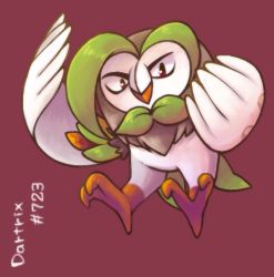 Rule 34 | bad id, bad pixiv id, character name, creatures (company), dartrix, feathered wings, game freak, gen 7 pokemon, kani (pixiv388344), nintendo, no humans, pokemon, pokemon (creature), pokemon sm, red background, red eyes, simple background, solo, wings