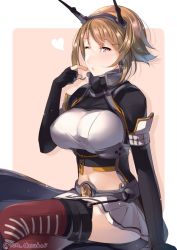 Rule 34 | 1girl, bad id, bad twitter id, black jacket, blush, border, breasts, brown hair, cosplay, elbow gloves, fingerless gloves, gloves, green eyes, hand to own mouth, headgear, heart, jacket, juurouta, kantai collection, large breasts, long sleeves, looking at viewer, midriff, miniskirt, mutsu (kancolle), nagato (kancolle) (cosplay), nagato (kancolle), navel, one eye closed, outside border, pink background, remodel (kantai collection), short hair, simple background, sitting, skirt, solo, white border