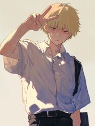 Rule 34 | 1boy, black pants, blonde hair, chainsaw man, closed mouth, collared shirt, denji (chainsaw man), geboku0406, highres, light frown, looking at viewer, male focus, orange eyes, pants, shirt, solo, upper body, v, white shirt