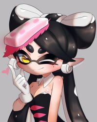 Rule 34 | + +, 1girl, ;), altoooooon, black hair, black jumpsuit, breasts, callie (splatoon), closed mouth, commentary, cowboy shot, detached collar, earrings, food, food on head, gloves, highres, index finger raised, inkling, jewelry, jumpsuit, looking at viewer, medium breasts, mole, mole under eye, nintendo, object on head, one eye closed, pointy ears, smile, solo, splatoon (series), splatoon 1, strapless, sushi, swept bangs, symbol-only commentary, tentacle hair, twitter username, white gloves, yellow eyes