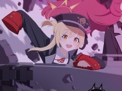 Rule 34 | 2girls, absurdres, aimpoleume, blonde hair, blue archive, child, hand up, hat, highres, ibuki (blue archive), iroha (blue archive), jacket, military, military jacket, military vehicle, motor vehicle, multiple girls, open mouth, red hair, school uniform, smile, tank, tiger i
