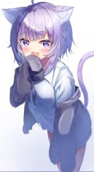 Rule 34 | 1girl, :3, :d, absurdres, ahoge, animal ear fluff, animal ears, black jacket, blush, cat ears, cat girl, cat tail, collared dress, commentary request, cowboy shot, dress, dress shirt, fang, hand up, highres, hololive, jacket, long sleeves, looking at viewer, medium hair, neck ribbon, nekomata okayu, nekomata okayu (oversized shirt), off shoulder, official alternate costume, open clothes, open jacket, open mouth, purple eyes, purple hair, purple ribbon, rappi, ribbon, shirt, simple background, sleeves past fingers, sleeves past wrists, smile, solo, standing, tail, tail raised, virtual youtuber, white background, white shirt