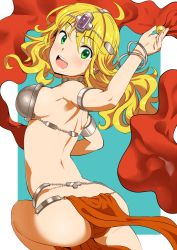 Rule 34 | 1girl, ahoge, arabian clothes, armlet, ass, bikini, blonde hair, blush, bracelet, breasts, choker, circlet, dancer&#039;s costume (dq), dragon quest, dragon quest iv, earrings, from behind, green eyes, hoshii miki, idolmaster, idolmaster (classic), jewelry, loincloth, long hair, looking back, manya (dq4), open mouth, pelvic curtain, pettan p, shawl, smile, solo, swimsuit