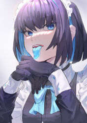 Rule 34 | 1girl, black gloves, black hair, blue bow, blue bowtie, blue hair, blue tongue, bow, bowtie, colored tongue, gloves, highres, long sleeves, looking at viewer, maid, maid headdress, metaru, multicolored hair, open mouth, original, own hands together, short hair, solo, tongue, two-tone hair, upper body