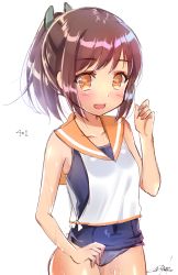 Rule 34 | 10s, 1girl, :d, absurdres, bad id, bad pixiv id, blouse, brown eyes, brown hair, character name, highres, i-401 (kancolle), kantai collection, long hair, open mouth, ponytail, sailor collar, sailor shirt, school swimsuit, shirt, signature, simple background, sleeveless, sleeveless shirt, smile, solo, swimsuit, swimsuit under clothes, white background, white shirt, yuu zaki