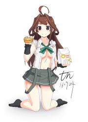 Rule 34 | 1girl, alternate costume, bag, black legwear, bow, breasts, brown hair, cleavage, collarbone, commentary request, cosplay, dated, doughnut, food, full body, green bow, grey skirt, kantai collection, kongou (kancolle), long hair, michishio (kancolle) (cosplay), michishio (kancolle), midriff, miniskirt, open clothes, open shirt, pleated skirt, shirt, signature, simple background, skirt, sleeves rolled up, solo, suspender skirt, suspenders, thighs, unbuttoned, unbuttoned shirt, white background
