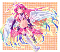 Rule 34 | 1girl, :o, aged down, angel wings, asymmetrical legwear, bad id, bad pixiv id, commentary request, spiked halo, crop top, cross, feathered wings, gloves, halo, highres, jibril (no game no life), long hair, low wings, magic circle, midriff, mismatched legwear, multicolored hair, navel, no game no life, open mouth, pastel colors, pink hair, shoes, single shoe, solo, stomach, symbol-shaped pupils, tattoo, very long hair, white wings, wing ears, wings, yellow eyes, yuiti hinata