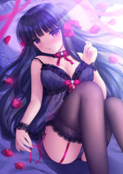 Rule 34 | 1girl, beniko suzumi, black hair, black panties, black thighhighs, blue eyes, blunt bangs, blush, bow, breasts, cleavage, from above, garter straps, hair bow, highres, lingerie, long hair, looking at viewer, lying, medium breasts, negligee, off shoulder, on back, open mouth, original, panties, red bow, red eyes, red ribbon, ribbon, shiny clothes, shiny legwear, side-tie panties, solo, thighhighs, underwear, underwear only, very long hair