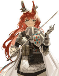 Rule 34 | 1girl, absurdres, animal ears, arknights, armor, brown eyes, commentary, cowboy shot, ear covers, earclip, extra ears, flametail (arknights), gauntlets, hand up, highres, holding, holding sword, holding weapon, long hair, looking at viewer, pauldrons, red hair, shirt, shoulder armor, simple background, solo, squirrel ears, sword, weapon, white background, white shirt, xiaomai yorik