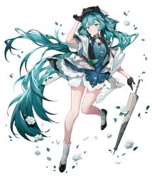 Rule 34 | 1girl, absurdres, aqua eyes, aqua hair, c (2330509), chinese clothes, dress, flower, full body, gloves, hair rings, hand up, hat, hatsune miku, highres, long hair, miku with you (vocaloid), rose, short sleeves, smile, solo, twintails, umbrella, vocaloid, white background, white flower, white rose