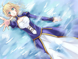 Rule 34 | 1girl, ahoge, artoria pendragon (fate), bad id, bad pixiv id, blonde hair, blood, blood on face, dress, fate/stay night, fate (series), hair down, kotori124589, long hair, lying, on back, outstretched hand, partially submerged, saber (fate), solo