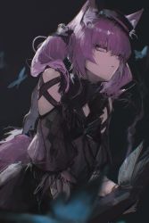 Rule 34 | 1girl, animal ear fluff, animal ears, arknights, bare shoulders, black background, black dress, black hat, blurry, blurry foreground, closed mouth, commentary request, depth of field, dress, half-closed eyes, hat, highres, looking at viewer, mm30212, pink eyes, purple hair, shamare (arknights), solo, twintails