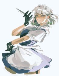 Rule 34 | 1girl, apron, black gloves, blue eyes, bow, braid, dress, earrings, gloves, green bow, hair bow, hair ribbon, highres, holding, holding knife, izayoi sakuya, jewelry, knife, looking at viewer, maid, maid apron, maid headdress, niko (seaquestions), ribbon, short hair, short sleeves, smile, solo, touhou, twin braids, white background