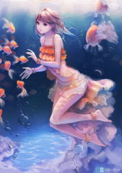 Rule 34 | 1girl, air bubble, ankle cuffs, anklet, bare shoulders, barefoot, bikini, black eyes, braid, brown hair, bubble, chaang, collarbone, fish, freediving, frilled bikini, frills, highres, holding breath, jewelry, legs, lips, long legs, navel, short hair, single braid, skirt, smile, solo, swimsuit, underwater, wrist cuffs