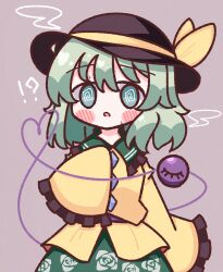 Rule 34 | !?, 1girl, :o, @ @, absurdres, black hat, blush, blush stickers, bow, buttons, confused, diamond button, floral print, frilled shirt collar, frilled sleeves, frills, green eyes, green hair, green skirt, hat, hat bow, heart, heart of string, highres, komeiji koishi, light green hair, long sleeves, medium hair, open mouth, rose print, shirt, simple background, skirt, sleeves past wrists, solo, steam, third eye, touhou, waroemon, yellow bow, yellow shirt