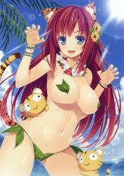 Rule 34 | 1girl, absurdres, animal ears, bare shoulders, blue eyes, blue sky, bracelet, breasts, cat ears, cat girl, cat tail, claw pose, cleavage, day, female focus, flower, flower necklace, hair flower, hair ornament, highres, jewelry, kotora (toranoana), large breasts, leaf bikini, lei, lens flare, long hair, navel, necklace, pasties, red hair, scan, sky, smile, solo, sunlight, tail, tiger, tiger ears, tiger tail, toranoana, underboob, yuuki hagure