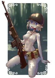 Rule 34 | 1girl, :d, absurdres, barefoot, blue eyes, blush, breasts, collarbone, dog tags, elf, erica (naze1940), grass, groin, gun, helmet, highres, holding, holding gun, holding weapon, long hair, m1 helmet, military, combat helmet, nipples, nude, nudist, open mouth, original, outdoors, pointy ears, seiza, short hair, sitting, smile, solo, teeth, thighhighs, tongue, tongue out, weapon
